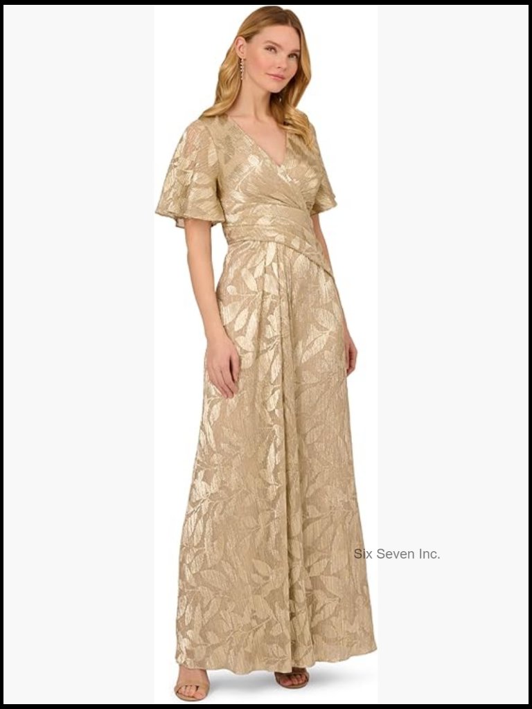 Foil Leaf Draped V-Neck Gown With Flutter Sleeves - Formal Evening Dress